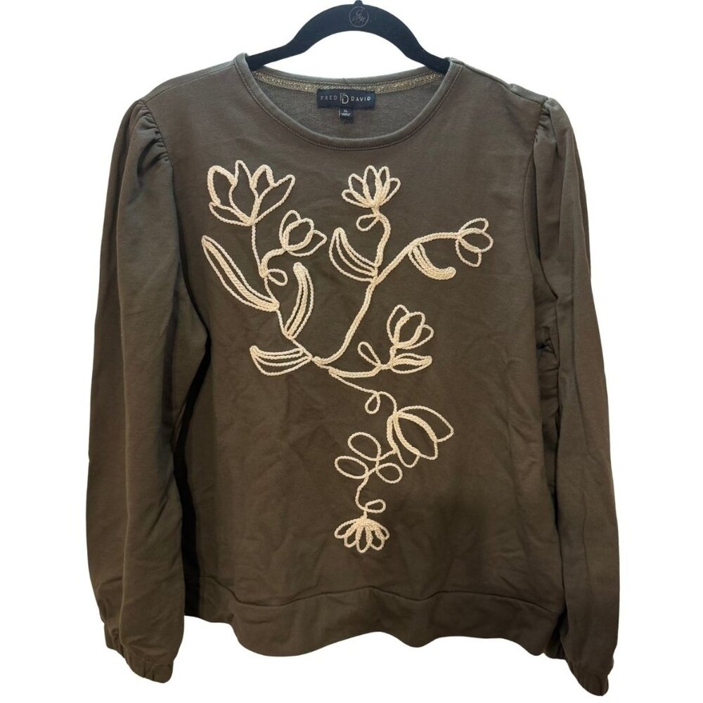 Fred David Olive Green Embroidered Sweatshirt – Floral Detail